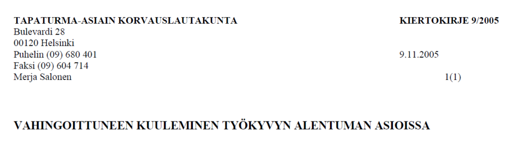 Tapaturma-asiain korvauslautakunta eli Tako. Kiertokirje