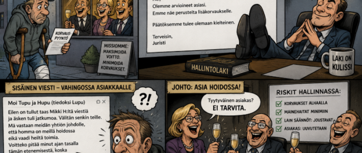 Vakuutusyhtiön juristi mokasi: asiakkaalle sähköpostivastaukseen unohtunut yhtiön sisäinen viestittely paljastaa lisää vakiintuneista korvauskäytännöistä Vakuutusyhtiön sisäinen viestintä korvauskäsittelyssä.