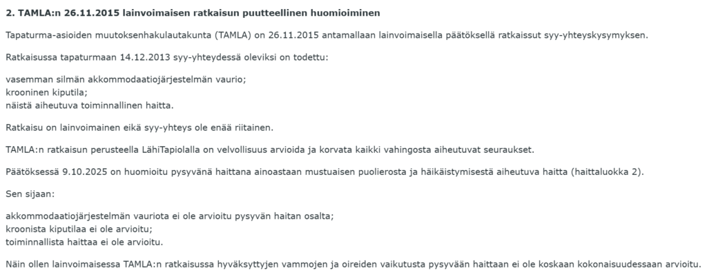 Lainvoimaisen päätöksen syy-yhteyden huomiotta jättäminen