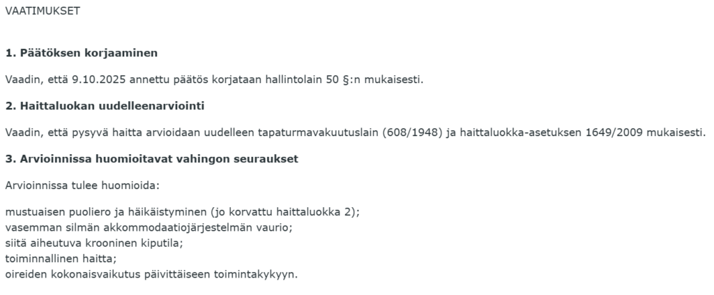 Vaatimukset päätöksen korjaamiseksi