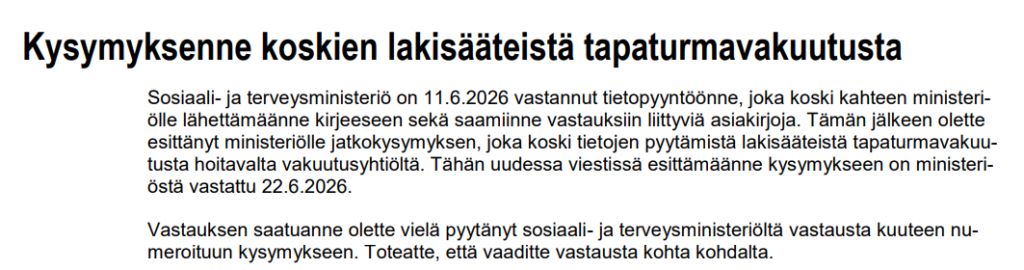 Kysymys lakisääteisestä ntapaturmavakuutuksesta