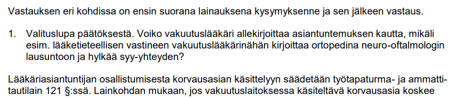 Vastaus STM: vakuutuslääkärin asiantuntijuuden pätevyysvaatimus