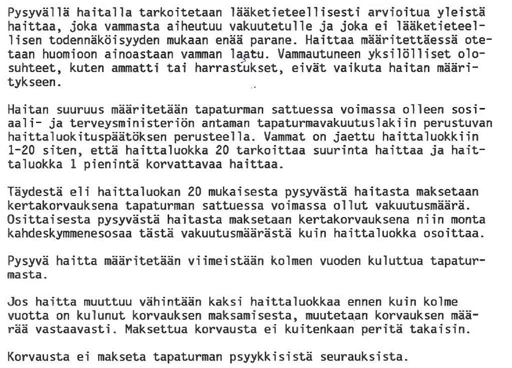 Pohjolan haittaluokka-arvion perustelut vapaa-ajan tapaturmavakuutuksen päätöksessä