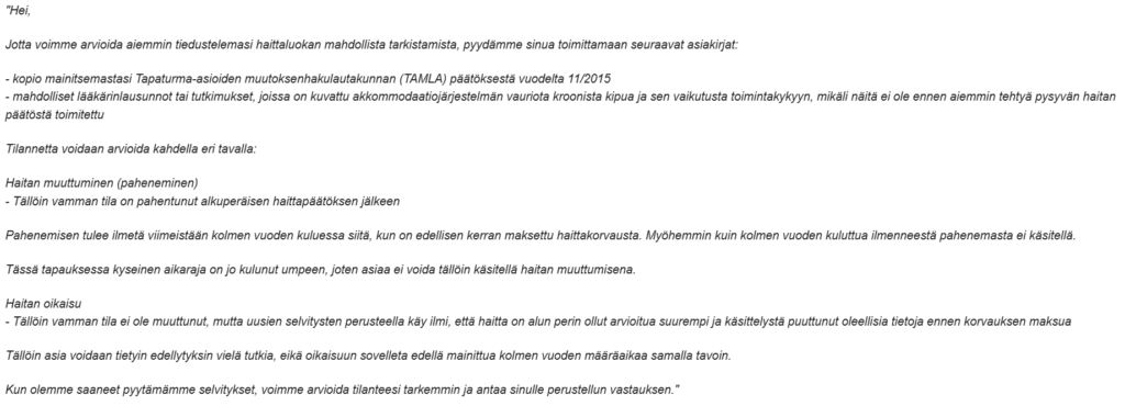 Pohjolan korvausneuvojan vastaus uudelleenkäsittelypyyntöön haittaluokasta.