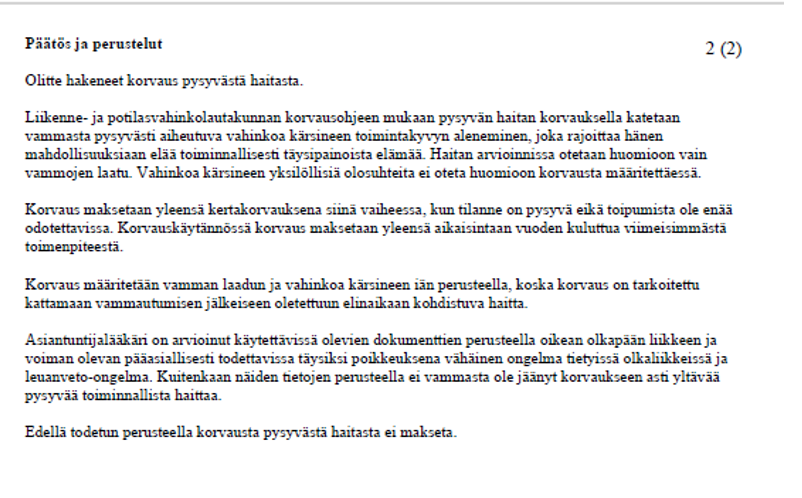 Pysyvän haitan korvaus.